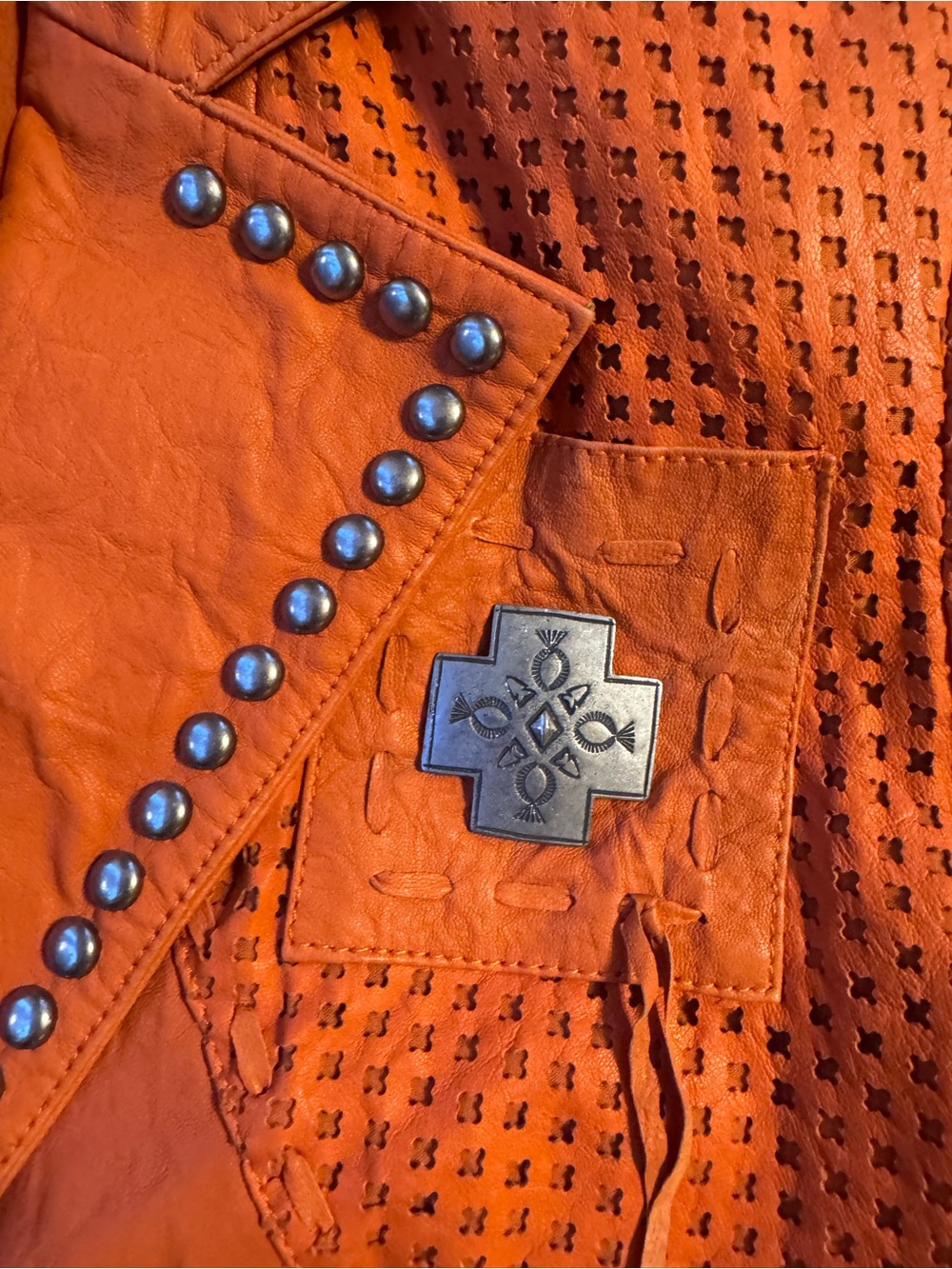 Double D Ranch Orange Leather Silver Studded Jacket - Picture 6 of 11